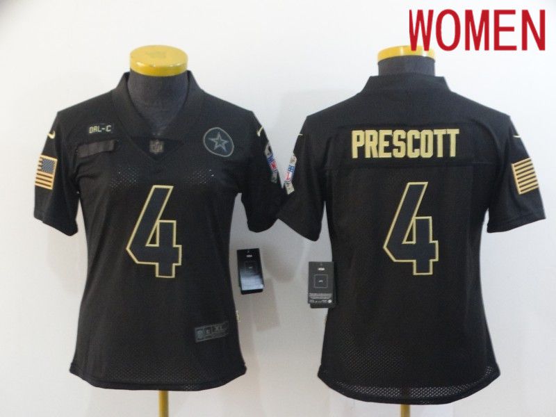 Women Dallas cowboys #4 Prescott Black Retro Gold Lettering 2020 Nike NFL Jersey->los angeles lakers->NBA Jersey